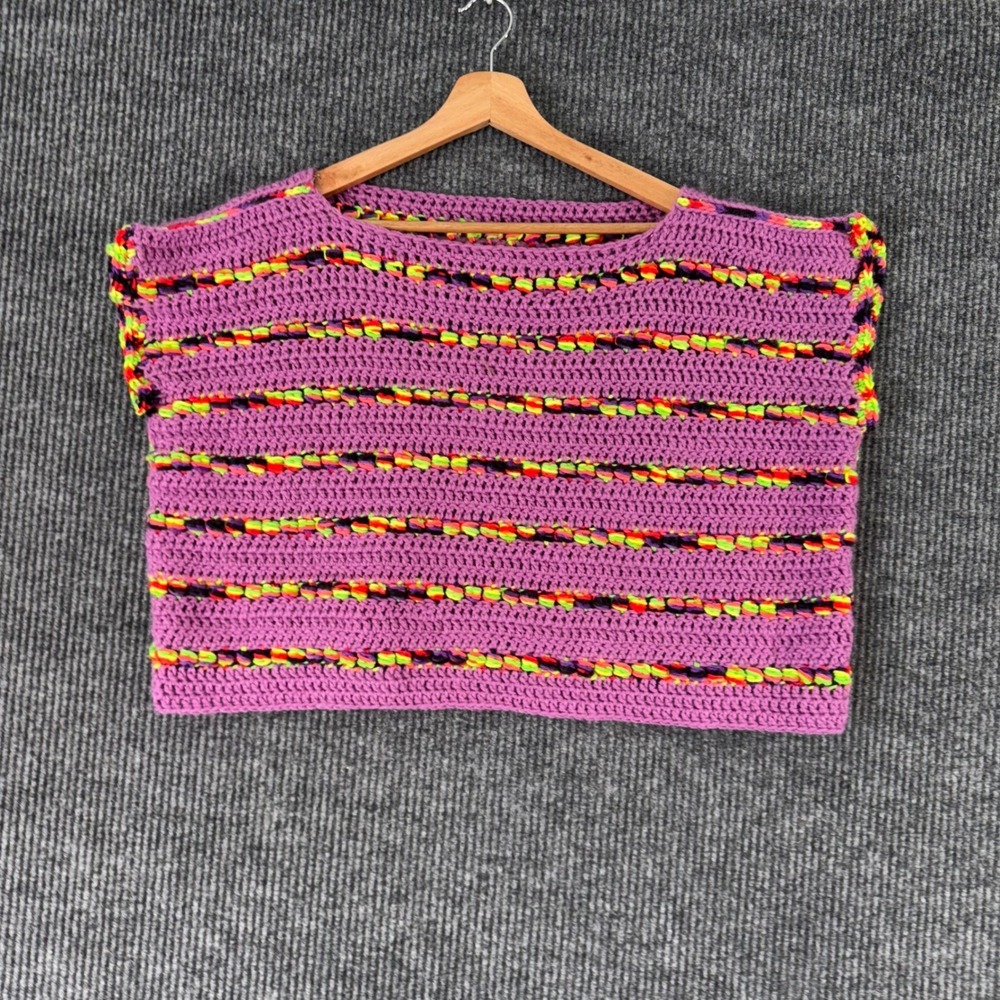 Womens Crochet Knit Tank Top Purple Multicolor Striped Festival Rave Boho‎ Y2K